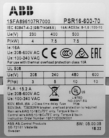 Устройство плавного пуска ABB PSR16-600-70 7.5кВт, 400В, 16А