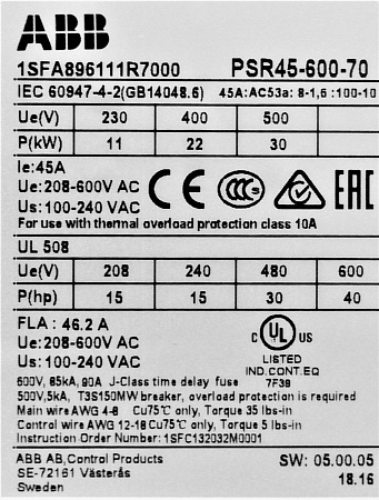 Устройство плавного пуска ABB PSR45-600-70 22кВт, 400В, 45А