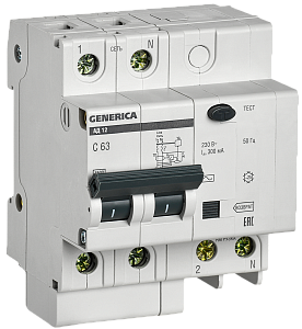Дифференциальный автоматический выключатель IEK АД12 GENERICA 2П 63А 300мА, тип AC, 4.5кА, C MAD15-2-063-C-300