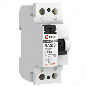 Выключатель дифференциального тока EKF Basic ВДТ-40 2П 63А 100мА тип AC, электронное elcb-2-63-100e-sim