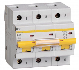 Автоматический выключатель IEK ВА47-100 63А 3п 10кА, D MVA40-3-063-D