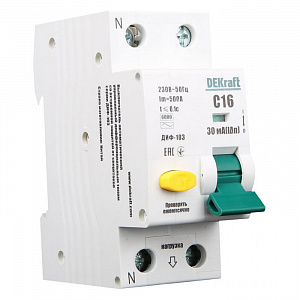Дифференциальный автоматический выключатель DEKraft ДИФ-103 1П+N 16А 10мА, тип AC, 6кА, С 16200DEK