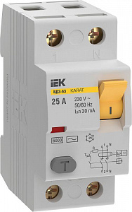 Выключатель дифференциального тока IEK KARAT ВД3-63 2п 25А 30мА тип AC, 6кА MDV20-2-025-030