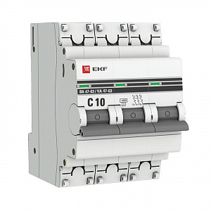 Автоматический выключатель EKF ВА 47-63 PROxima 10А 3п 4.5кА, C mcb4763-3-10C-pro