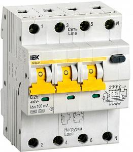 Дифференциальный автоматический выключатель IEK KARAT АВДТ-34 4п (3P+N) C 25А 100мА тип A 6кА MAD22-6-025-C-100