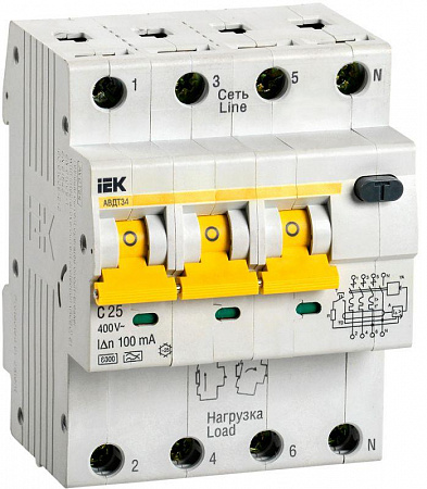 Дифференциальный автоматический выключатель IEK KARAT АВДТ-34 4п (3P+N) C 25А 100мА тип A 6кА