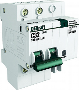 Дифференциальный автоматический выключатель DEKraft ДИФ-101 2П 50А 100мА, тип AC, 4.5кА, C 15016DEK