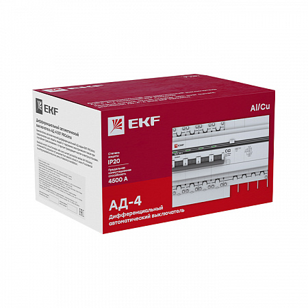 Дифференциальный автоматический выключатель EKF АД-4 PROxima 4П 16А 30мА, тип AC, 4.5кА, C