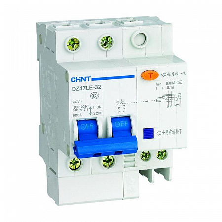 Дифференциальный автоматический выключатель CHINT DZ47LE-32 2П 10А 30мА, тип AC, 6кА, C