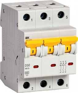 Автоматический выключатель IEK KARAT ВА47-60МА 50А 3п D, 6 кА, без теплозащиты MVA33-3-050-D