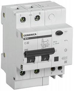 Дифференциальный автоматический выключатель IEK АД12 GENERICA 2П 32А 100мА, тип AC, 4.5кА, C MAD15-2-032-C-100
