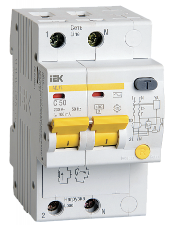 Дифференциальный автоматический выключатель IEK АД12 2П 50А 100мА, тип AC, 4.5кА, C