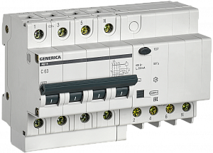 Дифференциальный автоматический выключатель IEK АД14 GENERICA 4П 63А 300мА, тип AC, 4.5кА, C MAD15-4-063-C-300