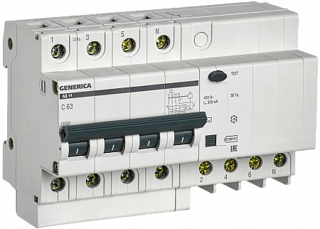 Дифференциальный автоматический выключатель IEK АД14 GENERICA 4П 63А 300мА, тип AC, 4.5кА, C
