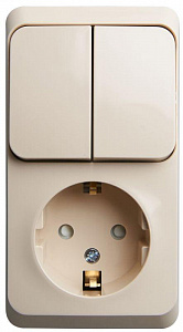 Блок открытой установки Systeme Electric Этюд кремовый, выключатель 2-клавишный, розетка 1-местная защитные шторки с заземлением BPA16-202K