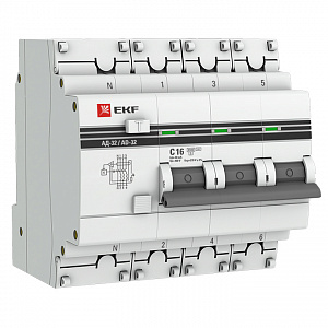 Дифференциальный автоматический выключатель EKF АД-32 PROxima 3П+N 16А 30мА, тип AC, 4.5кА, C DA32-16-30-4P-pro