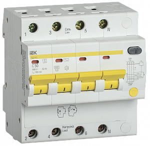 Дифференциальный автоматический выключатель IEK АД14S 4П 50А 100мА, тип AC, 4.5кА, C, селективный MAD13-4-050-C-100