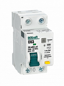 Дифференциальный автоматический выключатель DEKraft ДИФ-103 1П+N 63А 30мА, тип AC, 4.5кА, C 16058DEK