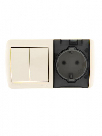 Блок открытой установки Lezard Nata кремовый, выключатель 2-клавишный, розетка 1-местная с заземлением с крышкой
