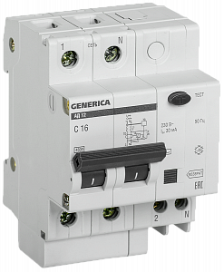Дифференциальный автоматический выключатель IEK АД12 GENERICA 2П 16А 30мА, тип AC, 4.5кА, C MAD15-2-016-C-030