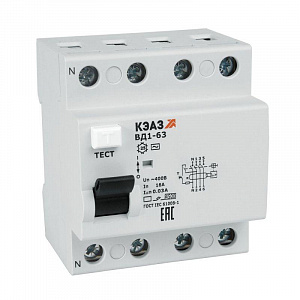 Выключатель дифференциального тока КЭАЗ ВД1-63 4п 25А 30мА тип AC, ВД1-63-4225-АС-УХЛ4 221947