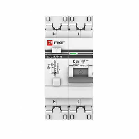 Дифференциальный автоматический выключатель EKF АД-32 PROxima 1П+N 63А 300мА, тип AC, 4.5кА, C