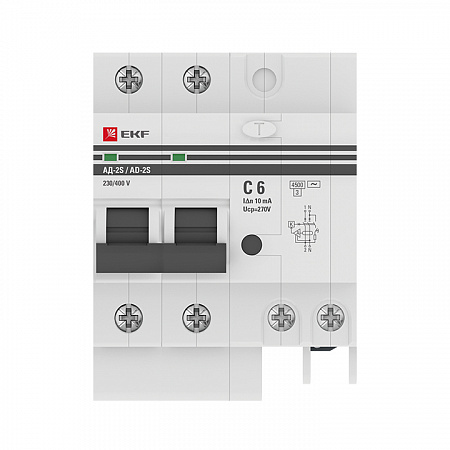 Дифференциальный автоматический выключатель EKF АД-2 PROxima 2П 6А 10мА, тип AC, 4.5кА, C