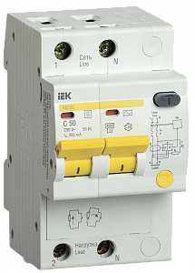 Дифференциальный автоматический выключатель IEK АД12S 2П 50А 300мА, тип AC, 4.5кА, C, селективный MAD13-2-050-C-300