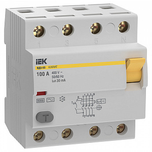 Выключатель дифференциального тока IEK KARAT ВД3-63 4п 100А 30мА тип AC, 6кА MDV20-4-100-030