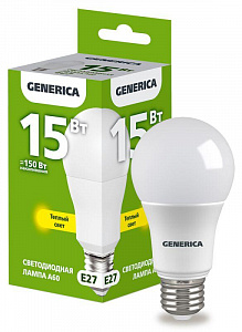 Лампа светодиодная A60 15Вт грушевидная 3000К E27 230В GENERICA LL-A60-15-230-30-E27-G