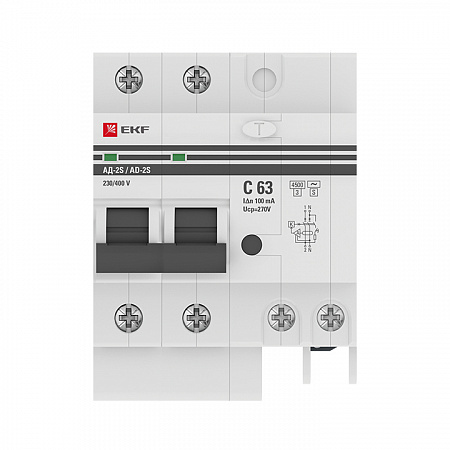 Дифференциальный автоматический выключатель EKF АД-2S PROxima 2П 63А 100мА, 4.5кА, C, селективный