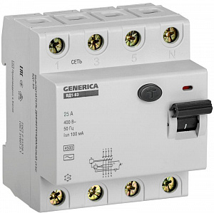 Выключатель дифференциального тока IEK ВД1-63 GENERICA 4п 25А 100мА тип AC MDV15-4-025-100