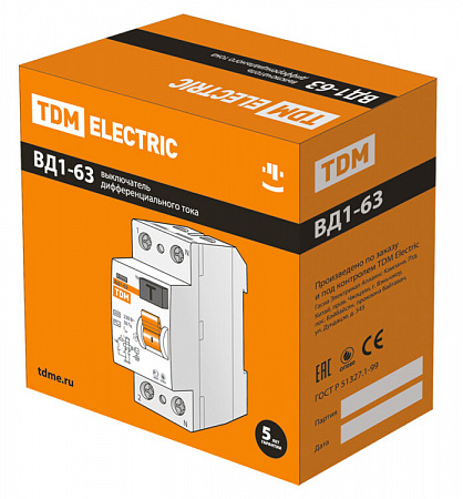 Выключатель дифференциального тока TDM ELECTRIC ВД1-63 2п 16А 30мА тип AC
