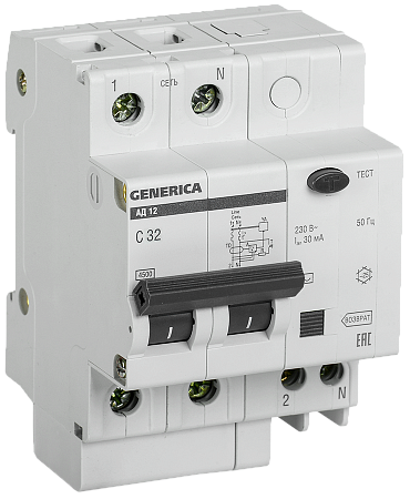Дифференциальный автоматический выключатель IEK АД12 GENERICA 2П 32А 30мА, тип AC, 4.5кА, C