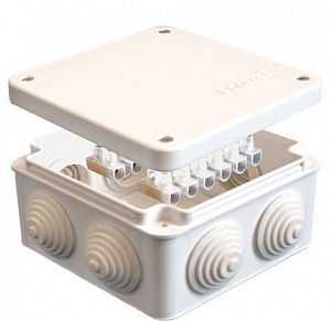 Коробка распределительная Epplast 105х105х56 мм IP54 10А белая 7 выходов, 4 гермоввода, 12 контактов, крышка на винтах 110043