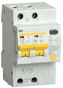 Дифференциальный автоматический выключатель IEK АД12S 2п 20А 300мА, тип AC, селективный MAD13-2-020-C-300
