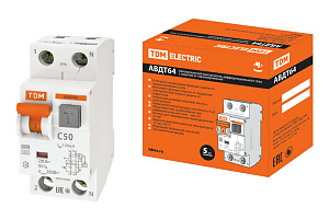 Дифференциальный автоматический выключатель TDM ELECTRIC АВДТ64 2П 50А 100мА, тип A, 6кА, C SQ0205-0012