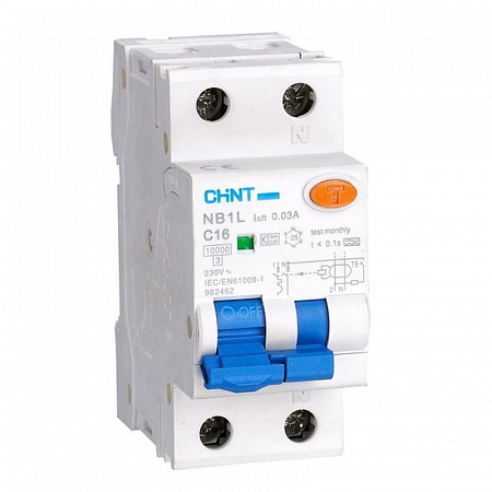 Дифференциальный автоматический выключатель CHINT NB1L 1П+N 10А 30мА, тип AC, 10кА, B, 36мм