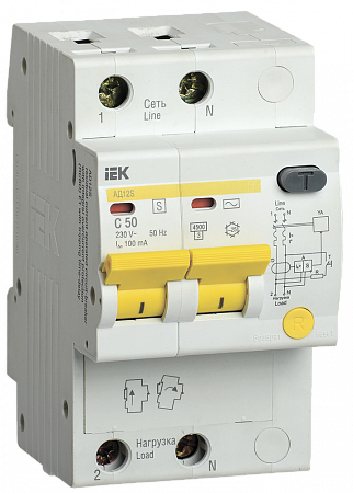 Дифференциальный автоматический выключатель IEK АД12S 2П 50А 100мА, тип AC, 4.5кА, C