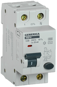Дифференциальный автоматический выключатель IEK АВДТ32 GENERICA 1П+N 20А 30мА, тип AC, 6кА, C MAD25-5-020-C-30