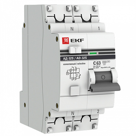 Дифференциальный автоматический выключатель EKF АД-32 PROxima 1П+N 63А 100мА, 4.5кА, C, селективный