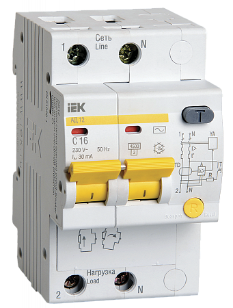 Дифференциальный автоматический выключатель IEK АД12 2П 16А 30мА, тип AC, 4.5кА, C