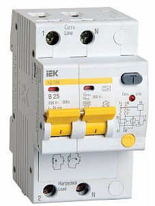 Дифференциальный автоматический выключатель IEK АД-12М 2п 25А 30мА, тип A, 4.5А, B MAD12-2-025-B-030