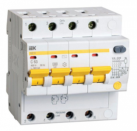 Дифференциальный автоматический выключатель IEK АД-14 4п 63А 300мА, тип AC, 4.5А, C