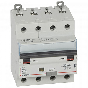 Дифференциальный автоматический выключатель Legrand DX3 4П 16А 30мА, тип AC, 10кА, C 411186