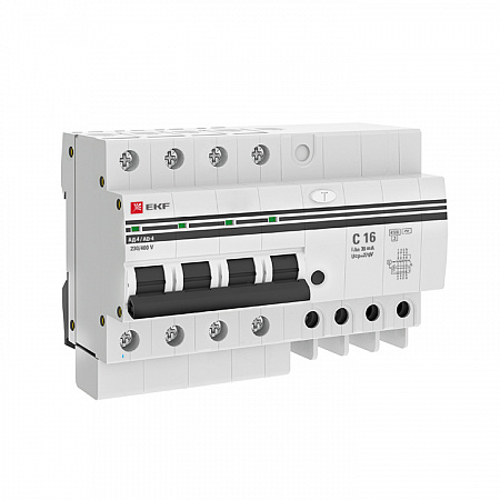 Дифференциальный автоматический выключатель EKF АД-4 PROxima 4П 16А 30мА, тип AC, 4.5кА, C