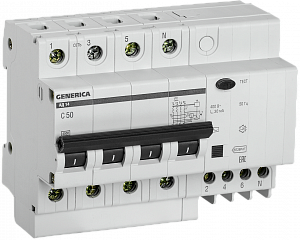 Дифференциальный автоматический выключатель IEK АД14 GENERICA 4П 50А 30мА, тип AC, 4.5кА, C MAD15-4-050-C-030