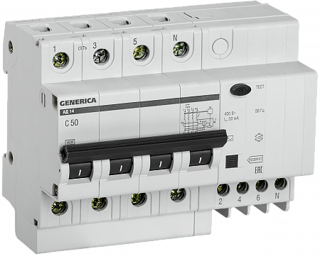Дифференциальный автоматический выключатель IEK АД14 GENERICA 4П 50А 30мА, тип AC, 4.5кА, C