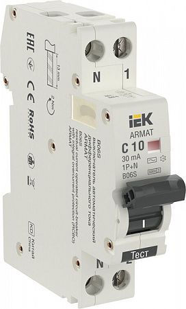 Дифференциальный автоматический выключатель IEK ARMAT B06S 1П+N 10А 30мА, тип AC, 6кА, C
