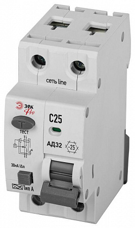 Дифференциальный автоматический выключатель ЭРА 1P+N C25 30мА тип А АВДТ 4.5кА PRO D32E2C25А30 АД32 электронное